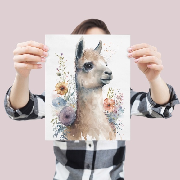 Watercolor Cute Floral Llama Wall Art Illustration Print Poster Card Unframed - Picture 4 of 6